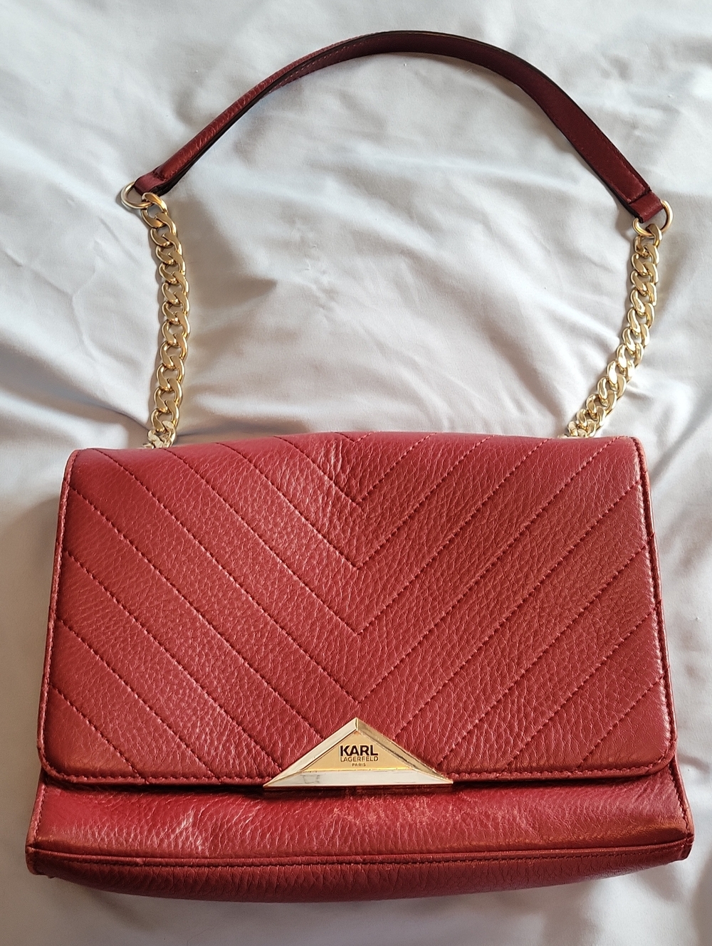 Karl Lagerfeld Quilted Coral-Red Leather Shoulder Bag with Gold Chain